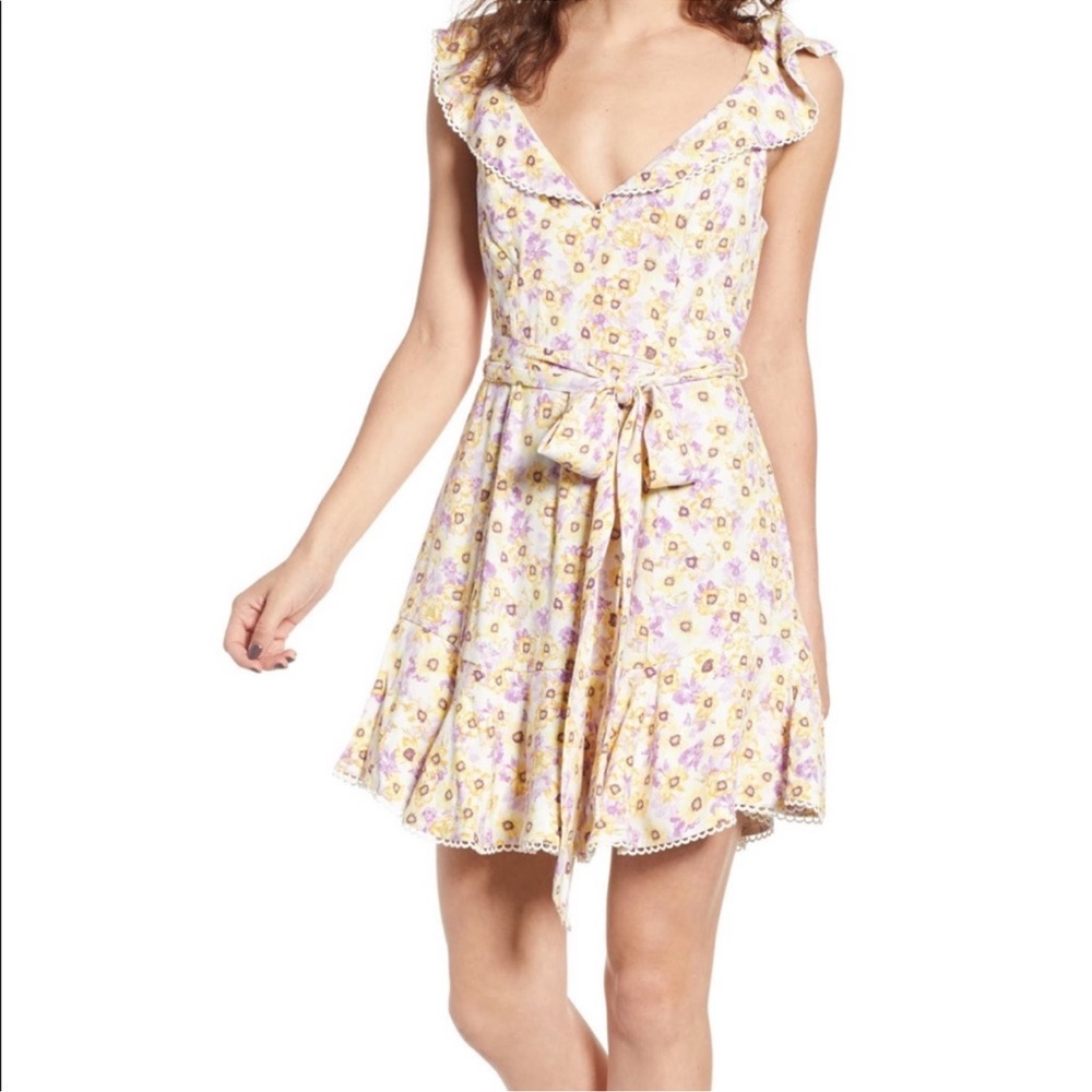 AFRM Womens Yellow Short Sleeve‎ Garden Palm Belted Ruffle V-Neck Mini Dress XL